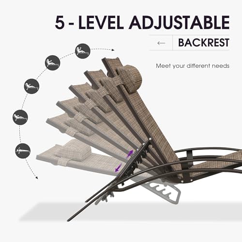 PURPLE LEAF Patio Pool Chaise Lounge Set of 3 Bronze Aluminum Chair, Brown | 2 Chaise + 1 Table, UV Textilene Fades Less, S-Curve Backrest with Arm, 5 Recline Angles, Adjustable Headrest, Stackable