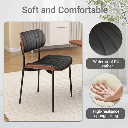Modern Dining Chairs Set of 2,Upholstered PU Leather Kitchen Chairs,Black | Mid Century Walnut Bentwood Back and Metal Legs for Kitchen Dining Room Living Room