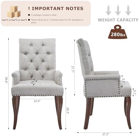 SoarFlash Chenille Dining Chairs Set of 2, Tall Back Side Chair，Modern Upholstered High-end Tufted Side Chair with Armrest, Solid Wood Leg, Beige