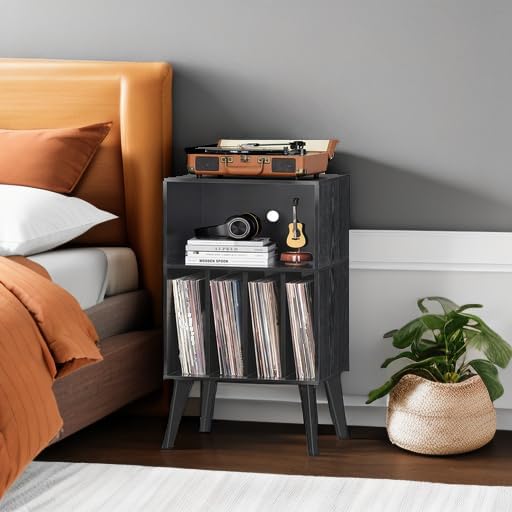 Lerliuo Record Player Stand, Black Turntable Stand Holds up to 160 Albums | Mid-Century Vinyl Storage Cabinet Table,Solid Wood Legs, Record Player Holder Dispaly Shelf for Bedroom Living Room