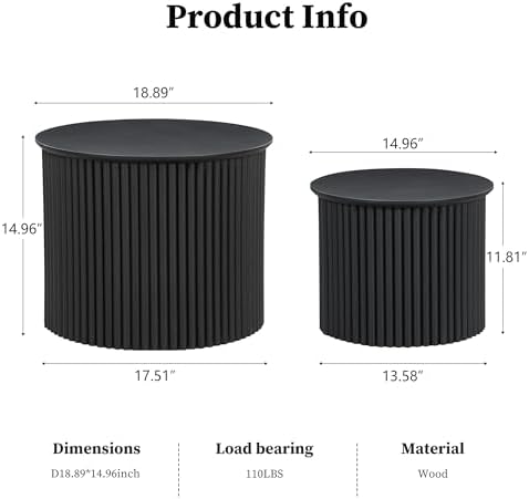 AVZEAR Round Nesting Coffee Table Set of 2, Small Fluted Coffee Table Circle Side Table, Mid Century Modern Wood Nesting Tables Farmhouse End Table Set for Living Room, Bedroom, Small Spaces(Black)