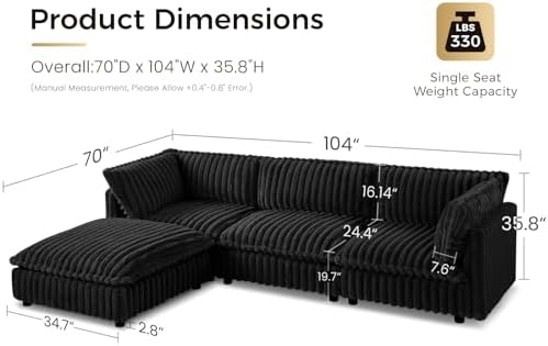 KKL Sectional Modular Couch for Living Room, L Shaped Corduroy Couches with 1 Ottomans, 4 Seater Oversized Sofa, Soft Fabric Modern Sofa, Black