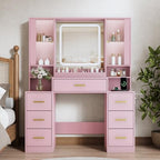 BORNOON Vanity Desk with Mirror and Lights, Makeup Vanity with 7 Drawers, 2 Glass Door Cabinets, Charging Station, Adjustable Shelves, RGB Lighting, Holder