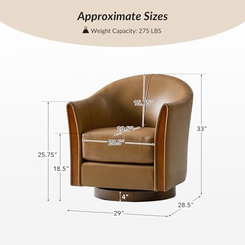HULALA HOME Leather Swivel Accent Chair with Wood Base Set of 2, Camel | 360-degree Round Swivel Barrel Chair for Living Room Bedroom Apartment