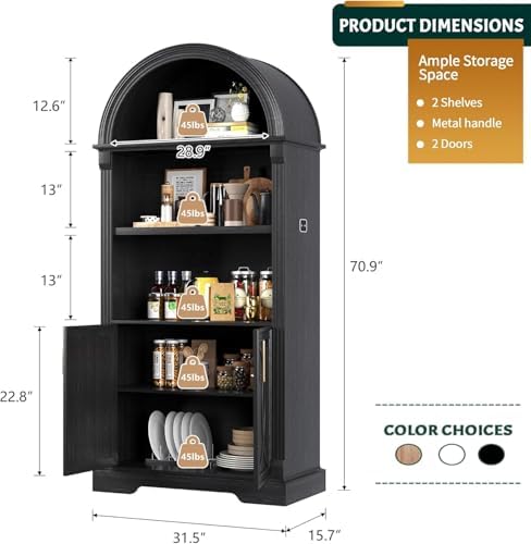 Vlsrka Kitchen Pantry Storage Cabinets with Adjustable Shelves, 71" Tall | Arched Wooden Cabinet with Doors, 3 Colors LED Lights, Motion Sensor, Freestanding, for Living/Dining Room, Black