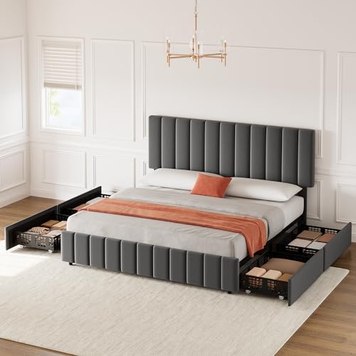 Garvee King Size Bed Frame, Linen Bedframe with 4 Storage Drawers, Grey