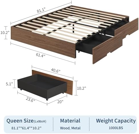 GarveeHome Wood Platform Bed Frame, Queen Bed Frame with 2 Drawers