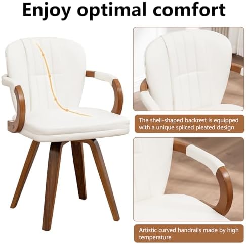 Swivel Dining Chairs Mid Century Modern White Faux Leather Upholstered Kitchen Chairs with Bentwood Frame Armrests Side Chairs,Comfortable Ergonomic Wood Accent Chair No Wheels,1PCS
