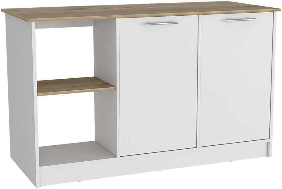 Kitchen Island with Four Open Shelves and Two Cabinets | Multicolor design with light oak and white finish