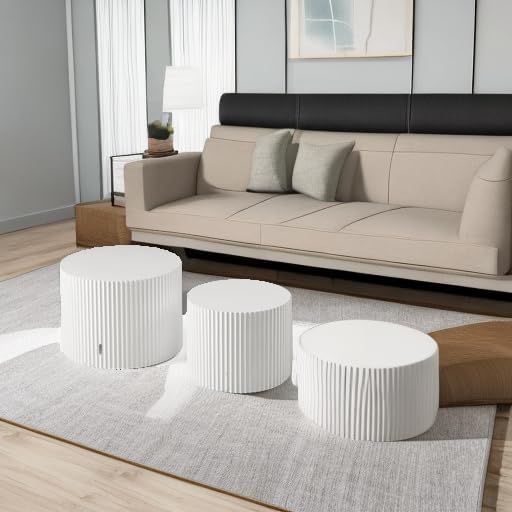 42.52'' White Round Nesting Coffee Table Set of 2 Modern Drum Side End Table for Living Room, Contemporary Wood Circle Embossed Design, No Assembly, White
