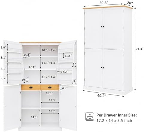 71" Tall Kitchen Pantry Storage Cabinet with 8 Door Shelves and 2 Storage Compartments, Two-Tone Freestanding Food Pantry Cabinet with Adjustable Shelves for Kitchen, Dining Room