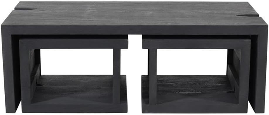 Pemberly Row 3-Piece Cocktail Table Set, Reclaimed Solid Wood, Ebony Gray Finish, Includes 1 Coffee Table and 2 End Tables, Mid-Century Modern Style, Unique Carvings for Living Room Decor