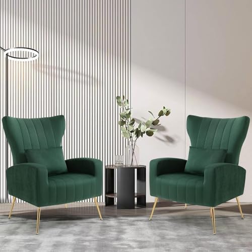 Modern Accent Chairs Set of 2, Wingback Chair with Arm & Gold Legs, Living Room Bedroom Side Chair with Lumbar Pillow, Velvet Upholstered, Channel Tufted, Green