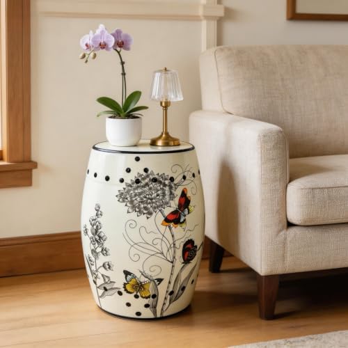 Hand-Painted Floral Bird Ceramic Drum Stool - Oriental Artistry Storage Ottoman, Accent Seat, End Table (The Butterfly‘s Floral Dance)