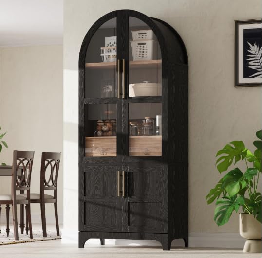 Arched Kitchen Pantry Cabinet, 71" Tall, Farmhouse Style, with Glass Door, Hidden Drawer, Open and Adjustable Shelves, for Kitchen, Dining Room