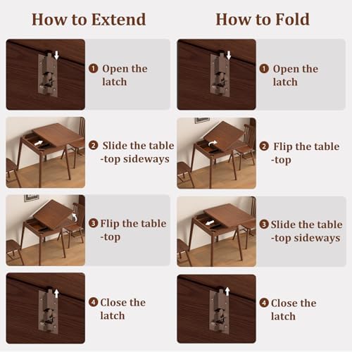 Solid Wood Small Dining Table for 2-6, 23.6"L-47.2"L Expandable Kitchen Table, Designed for Small Spaces, Easy Assembly, Suitable for Kitchen, Dining Room, Living Room, Apartment (Walnut)