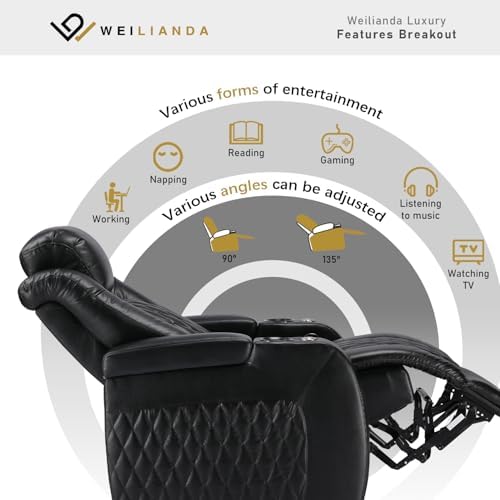 Weilianda Home Theater Seating, Top Grain Leather Movie Theater Chair | Black Row of 1, Zero Gravity, Power Headrest, Tray Table, Electric Reclining Seat for Media Room