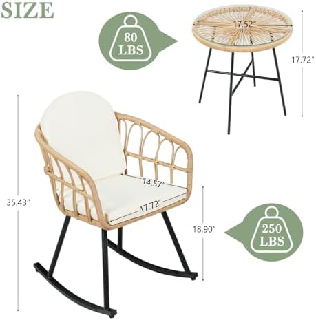 Vikiullf 3 Pieces Rocking Chairs Set - Outdoor Wicker Rattan Rocking Chairs with Thickened Cushions, Boho Patio Furniture, Patio Conversation Bistro Sets, for Balcony Garden Porch Living Room