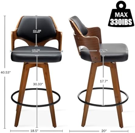 MEKLIBA Swivel Bar Stools Set of 2,30 Inch Bar Height Bar Stools,Upholstered Bar Chair with Bamboo Legs,Low Back Bar Stool for Kitchen Island (Black-PU)