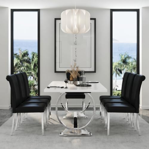 Asday Black and Silver Dining Chairs Set of 2, Modern Faux Leather Upholstered Dining Room Chairs with High Back and Metal Chrome Legs for Kitchen, Living Room, Restaurant, Apartment