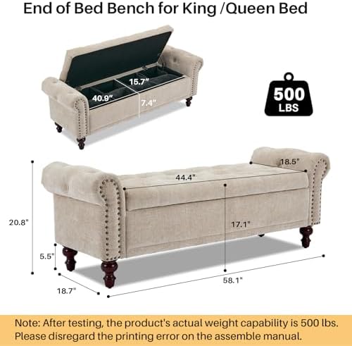 SOFTHION 58.1" Storage Bench for Bedroom, Chenille Cushion, Light Brown | End of Bedroom Bed Bench Ottoman with Tufted Cushioned Rolled Arm Large Storage Space for Reading/Living Room/Entryway