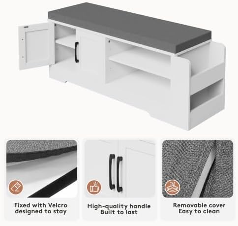 Farmhouse Shoe Storage Bench with 3-in-1 Entryway Storage & Padded Seat | 39.6" Wide Entryway Bench with Adjustable Shelves, Shoe Organizer & Side Storage Rack for Living Room, Bedroom, White