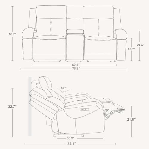 Watson & Whitely Genuine Leather Power Recliner Sofa & Loveseat Set, Cream | Wall Hugger Reclining Sofas, Power Headrest, Center Storage Console, Charging Ports, Cup Holders, Living Room Furniture Set