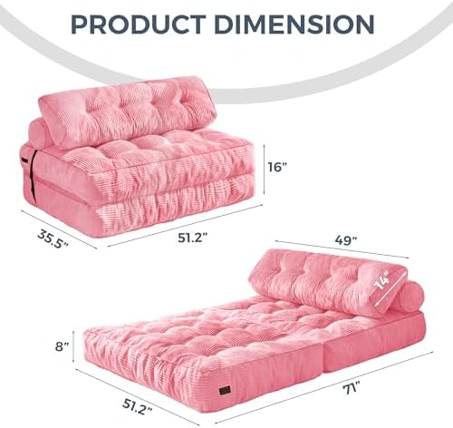 MAXYOYO Folding Sofa Bed, Convertible Chair Bed with Pillow | Foldable Couch with Back Support, Portable Fold Out Chair Comfy Floor Sofa for Living Room Bedroom, Pink, Double