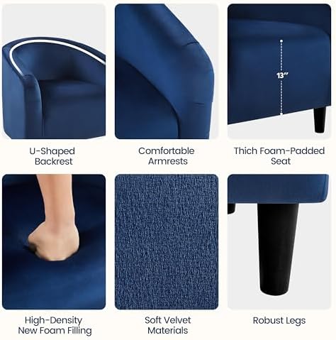 Yaheetech Small 25.5in Wide Velvet Barrel Accent Chair Bedroom, Navy Blue | Compact Cozy Barrel Chairs with a Curved Silhouette, Upholstered Furry Armchair for Small Spaces, Living Room Bedroom Corner