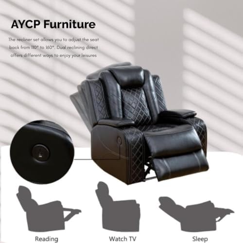 Power Recliner Set with LED Lights, Air Leather Reclining Set with USB Port/Wireless Charger/Storage Console/Cup Holder for House/HomeTheater/Apt (Black, Sofa Loveseat Chair)