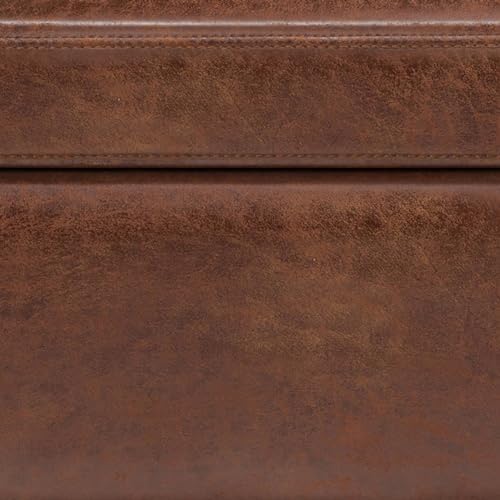 SIMPLIHOME Owen 42" Wide Vegan Leather Lift Top Ottoman in Saddle Brown | Distressed saddle brown, mid-century modern lift-top ottoman with storage for living room; rectangle footstool or pouf.