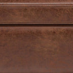SIMPLIHOME Owen 42" Wide Vegan Leather Lift Top Ottoman in Saddle Brown | Distressed saddle brown, mid-century modern lift-top ottoman with storage for living room; rectangle footstool or pouf.