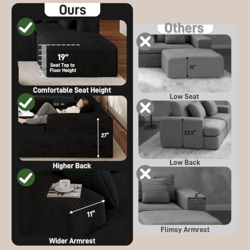 ONEMMLION 143" Oversized Cloud Sectional Couch for Living Room, Black | Corduroy, Fluffy Big U-Shaped Modular Sofas, Memory Foam, 19" Comfort-Height Seating, Cup Holder, USB Port, Storage Console