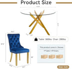 Round Glass Dining Table Set for 4, 47" Circle Glass Dining Table with Gold Metal Legs, Modern Kitchen Table Set for 4 with Velvet Chairs, 5 Piece Dining Table Set for Breakfast Dinette Party, Blue
