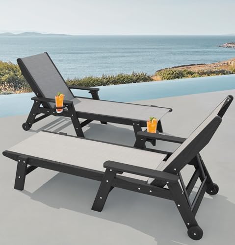 SERWALL Textilene Patio Chaise Lounge Chair Set of 2, HDPE Outdoor Lounger | with Rolling Wheels for Pool, Deck, Black