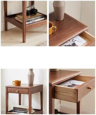 Telephone Table, Side Table with Drawer,Solid Wood Nightstand,Sofa Telephone Tables,Small Living Room Coffee Table,Double-Layer Storage,Walnut Color