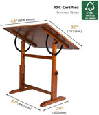 DJAR 42x30 Adjustable Wooden Drafting Table & Art Drawing Desk, Walnut | Large Tilting Desktop for Painting, Sketching & Writing, Sturdy Workspace for Professional Artists and Designers
