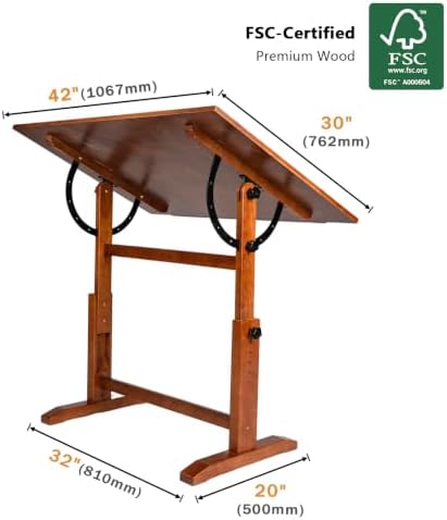 DJAR 42x30 Adjustable Wooden Drafting Table & Art Drawing Desk, Walnut | Large Tilting Desktop for Painting, Sketching & Writing, Sturdy Workspace for Professional Artists and Designers