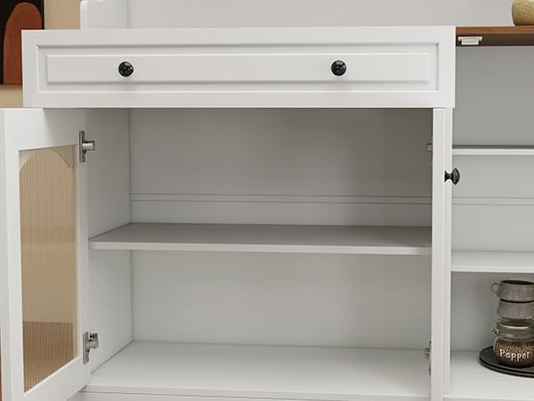 Kitchen Pantry Cabinet with Drawer Storage, 48” Modern Farmhosue Kitchen Hutch with Glass Doors, White Storage Cabinet with Countertop and Adjustable Shelves for Dining Room, Living Room