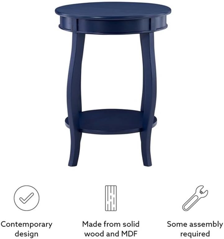 Pemberly Row Wood Accent Side Table, 18.25 x 18.25 x 24 in, Navy Blue Finish, Timber Wood and MDF, Cabriole Tapered Legs, Contemporary Design, Bottom Shelf for Storage, Functional for Living Room or
