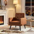 Yaheetech Mid Century Accent Chairs Set of 2 Living Room Chairs Retro Brown | Faux Leather Upholstered Sillones Para Sala, Modern Reading Nook Chairs, Button Tufted Back, Rubberwood Legs, Bedroom Office