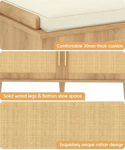 Akxomel 39.4" Rattan Shoe Storage Bench 2 Doors Wooden Entryway Bench Oak | 2 Tier Shoe Bench with Padded Cushion, Adjustable Shelves and 2 Doors, Solid Wood Legs, for Hallway, Living Room, Bedroom