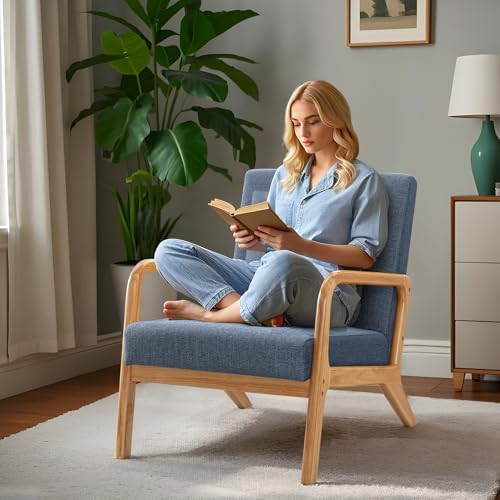 ELUCHANG Mid-Century Modern Accent Chair with Lumbar Pillow,Upholstered Armchair,Linen Fabric Comfy Reading Lounge Side Chair for Living Room Bedroom Apartment,Easy Assembly