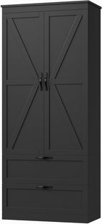 HOSTACK 70" Tall Kitchen Pantry Storage, Barn Doors Pantry Cabinet with Drawers and Adjustable Shelf, Modern Farmhouse Storage Cabinet for Kitchen, Dining Room, Living Room, Bathroom, Black