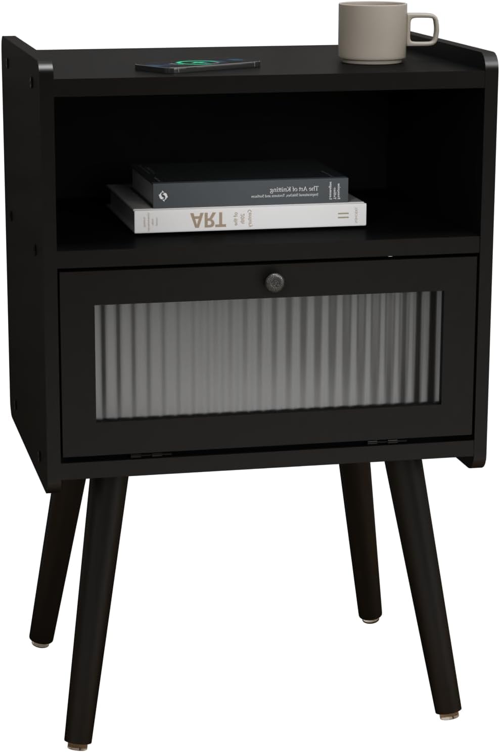 Mid Century Modern Nightstand, Bedside Table with Glass Door, Black | Side Table End Table with Solid Wood Legs for Bedroom, Living Room and Small Spaces