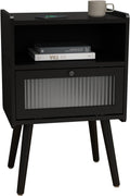 Mid Century Modern Nightstand, Bedside Table with Glass Door, Black | Side Table End Table with Solid Wood Legs for Bedroom, Living Room and Small Spaces