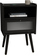 Mid Century Modern Nightstand, Bedside Table with Glass Door, Black | Side Table End Table with Solid Wood Legs for Bedroom, Living Room and Small Spaces