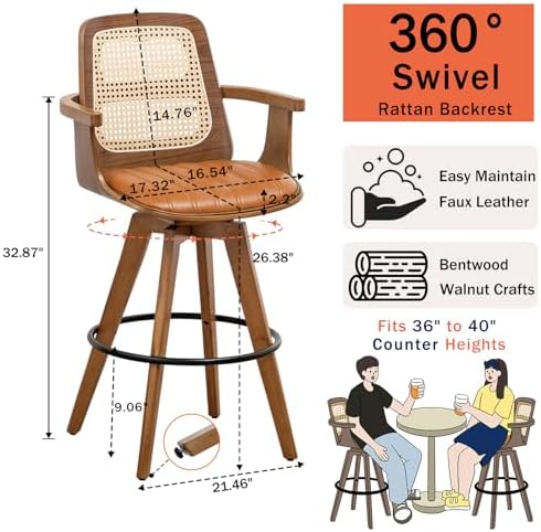 Mid Century Counter Stools, 26.3" Kitchen Island Stools with Curved Back | 360° Swivel, Ergonomic Rattan Back, Walnut Bentwood Frame, Natural Wood Legs, Faux Leather Upholstered for Kitchen, Island