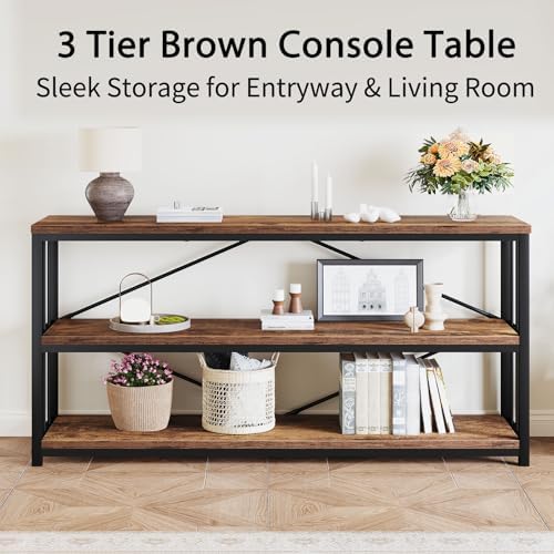 LVB Farmhouse Industrial Console Table for Home, Rustic Brown, 70 Inch | Wood Metal Foyer Entryway Sofa Tables with Storage, 3 Tier Long Rustic Entry Table TV Stand with Shelves for Living Room