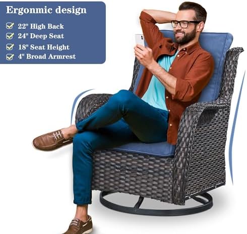 Belord Wicker Outdoor Furniture Patio Furniture Set - 6 Piece Patio Conversation Set with Swivel Rocker Chairs, Rattan Sofa, Ottomans and Coffee Table, Blue Cushion
